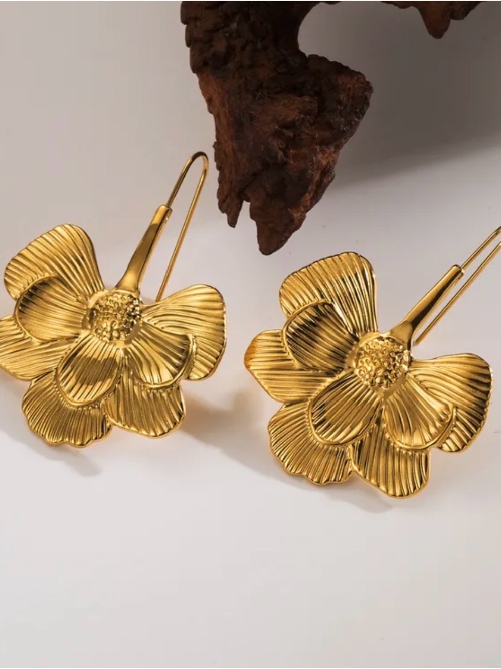 Gold Floral Petal Drop Earrings for Women - Picture 2 of 2